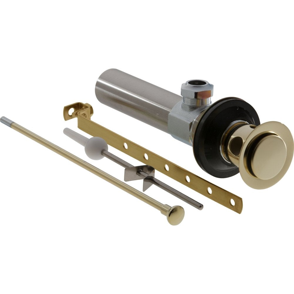 Polished brass pop-up drain assembly with metal cylinder, control rods, mounting bracket, and knob components displayed separ
