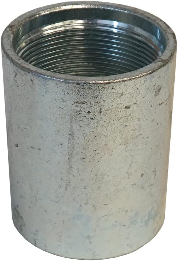 Galvanized steel cylindrical coupling with internal threaded connection and weathered surface finish.