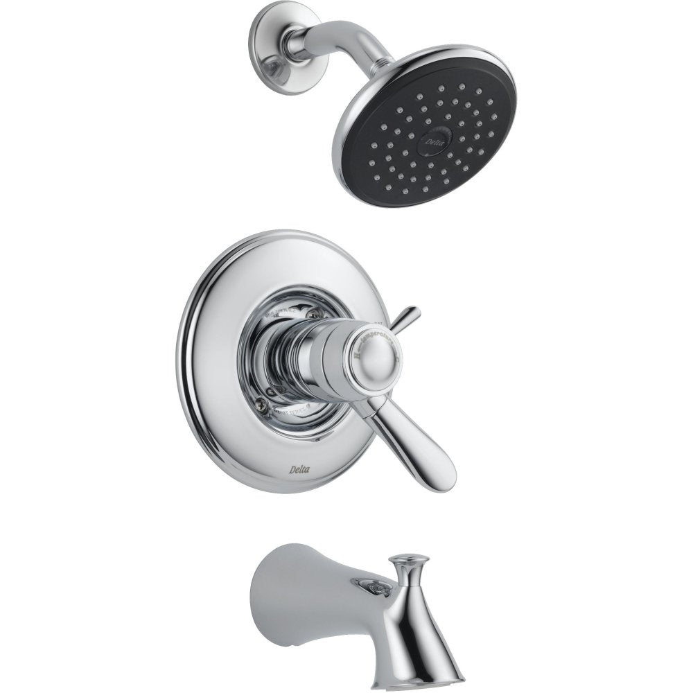 Chrome tub and shower trim with black showerhead, round valve trim plate with lever handle, and matching tub spout.
