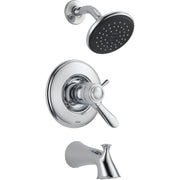 Chrome tub and shower trim with black showerhead, round valve trim plate with lever handle, and matching tub spout.