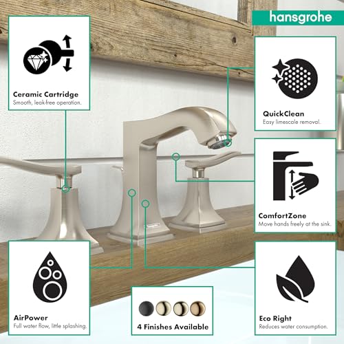 Brushed nickel widespread bathroom faucet with dual lever handles, curved spout, and pop-up drain with feature callouts.