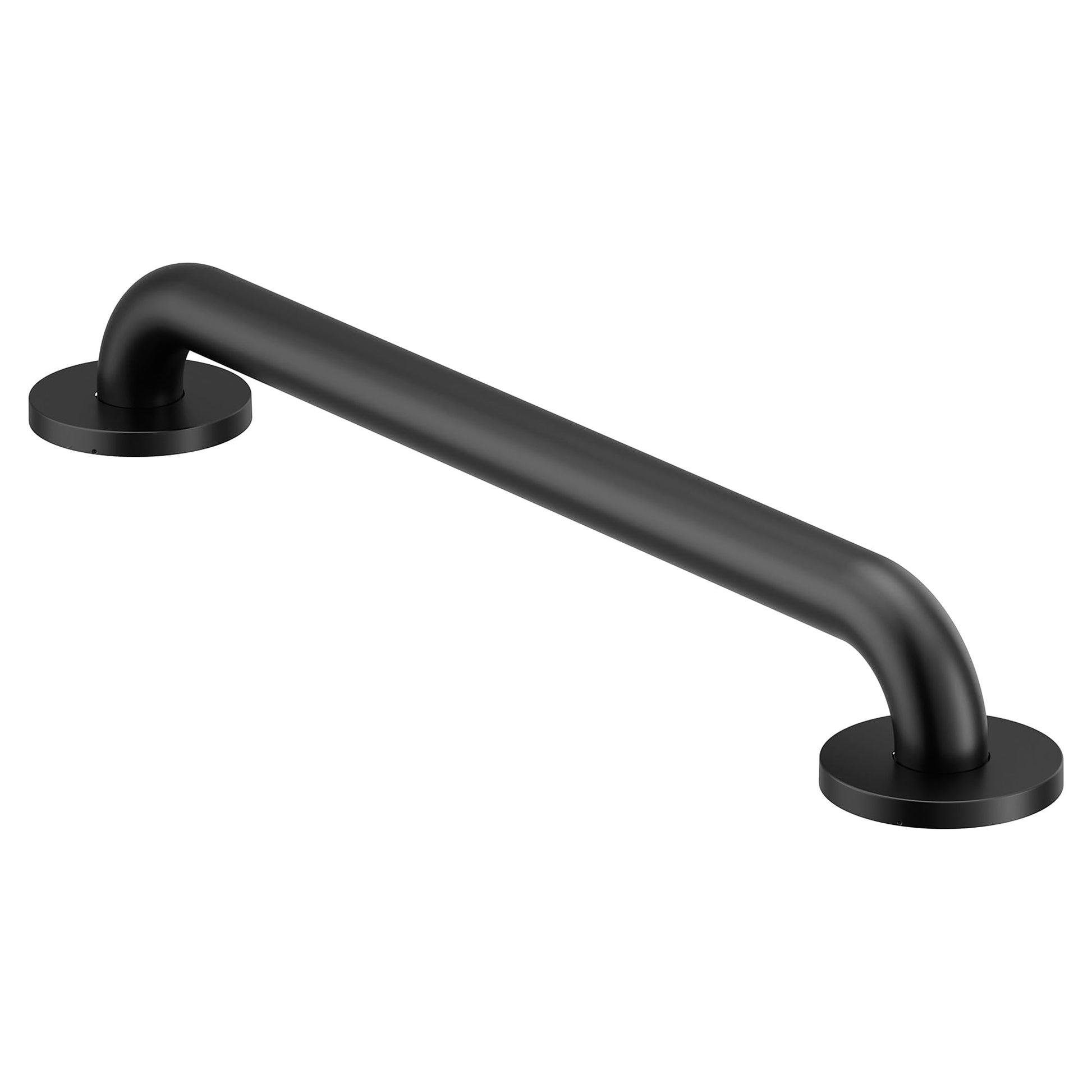 Black curved grab bar with rounded ends and circular wall mounting flanges on each side.