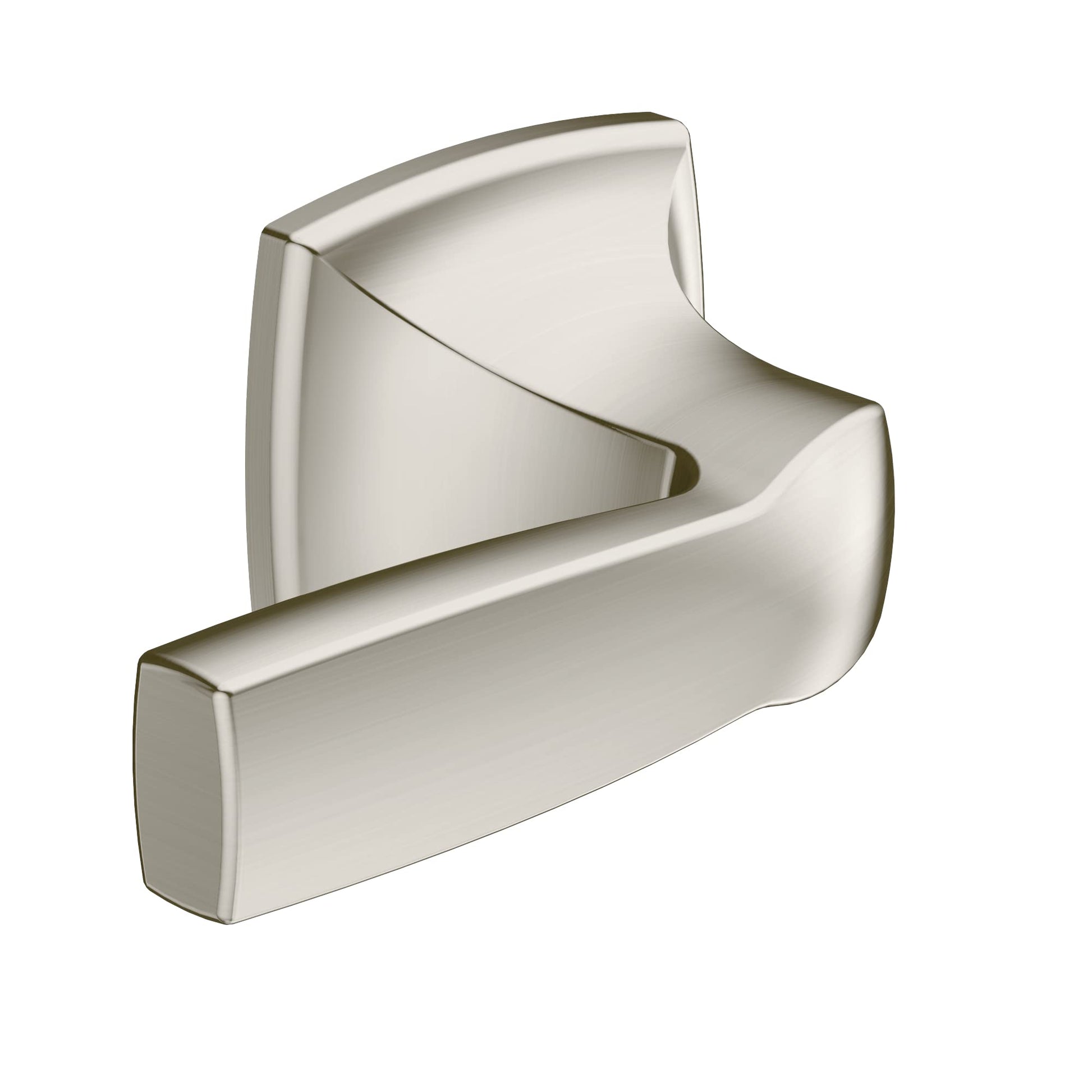 Brushed nickel toilet tank lever handle with curved ergonomic design and metal trim.