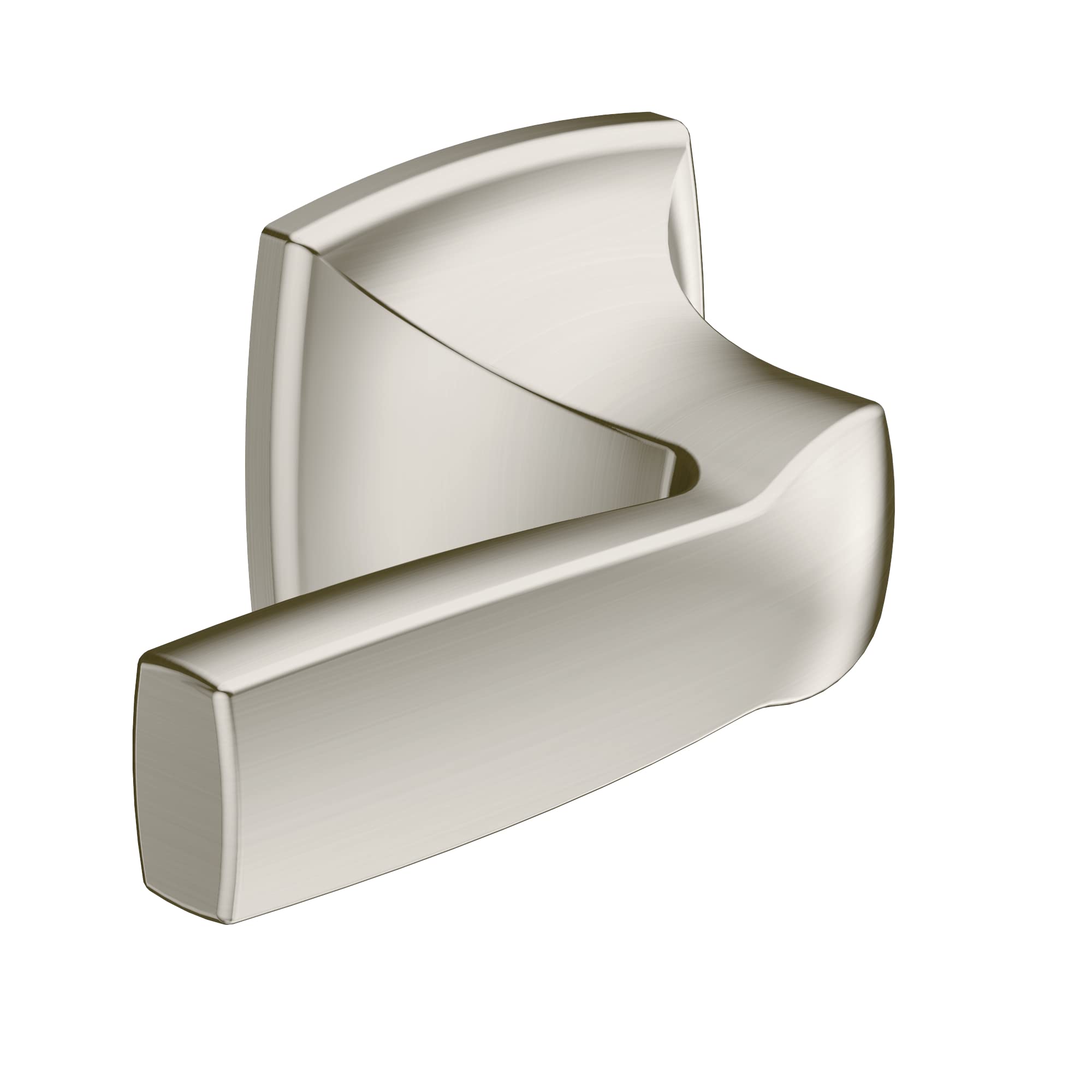 Brushed nickel toilet tank lever handle with curved ergonomic design and metal trim.