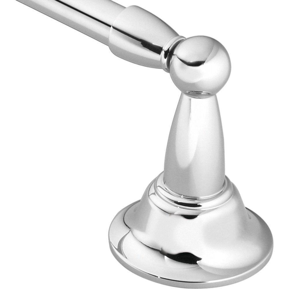 Chrome wall-mount towel bar with spherical end cap and circular mounting base.