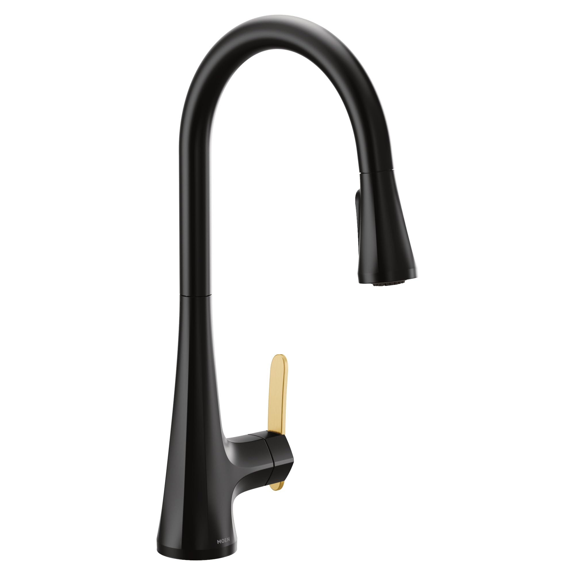 Matte black pulldown kitchen faucet with high arc spout and gold single handle.