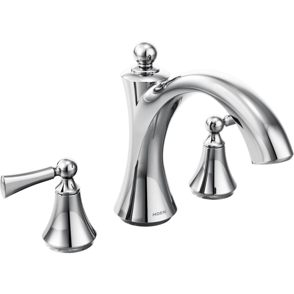 Chrome two-handle roman tub faucet with curved center spout and spherical handle knobs on conical bases.