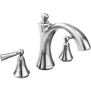 Chrome two-handle roman tub faucet with curved center spout and spherical handle knobs on conical bases.
