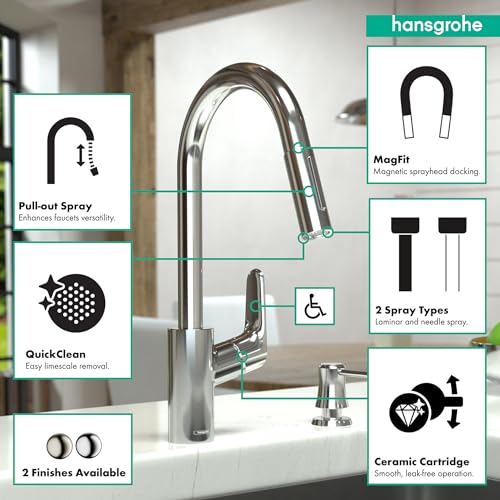 Hansgrohe matte black high-arc kitchen faucet with pull-down spray head and magnetic docking station.
