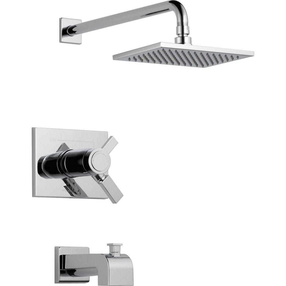 Chrome showerhead with rectangular face and arm mount, matching valve trim with lever handles, and tub spout.