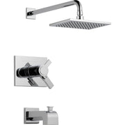 Chrome showerhead with rectangular face and arm mount, matching valve trim with lever handles, and tub spout.