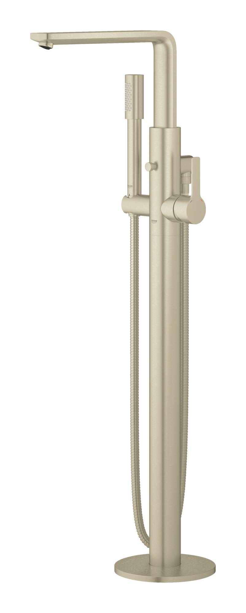 Brushed nickel freestanding tub faucet with single handle, curved spout, and detachable hand shower on hose.