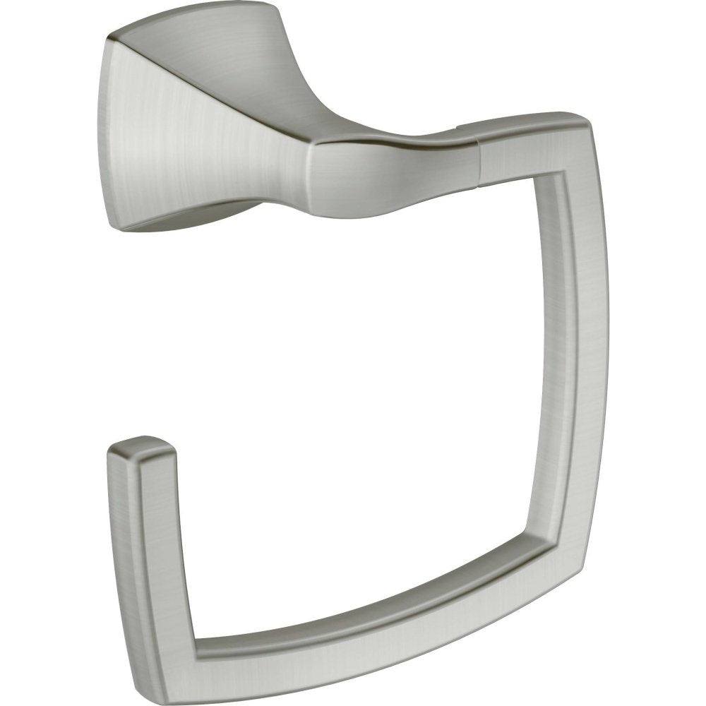 Brushed nickel wall-mounted towel ring with curved rectangular ring and decorative end cap.