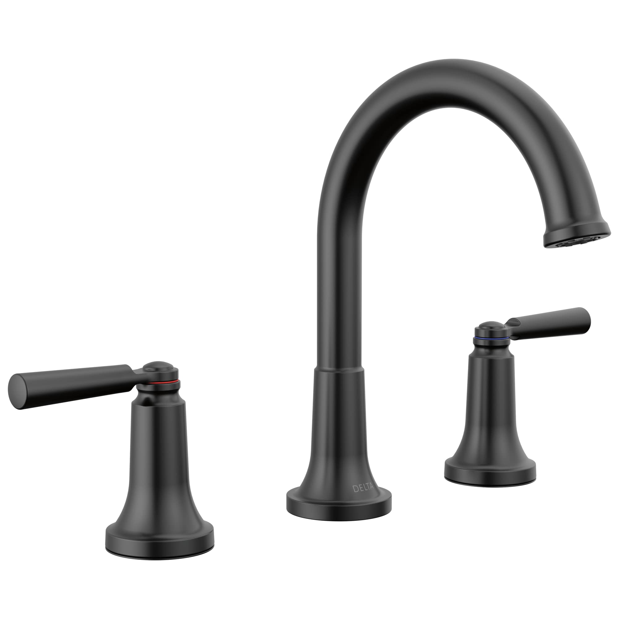 Black matte widespread bathroom faucet with curved arc spout and two lever handles.