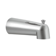 Chrome tub spout with diverter lever and curved design for wall mount installation.