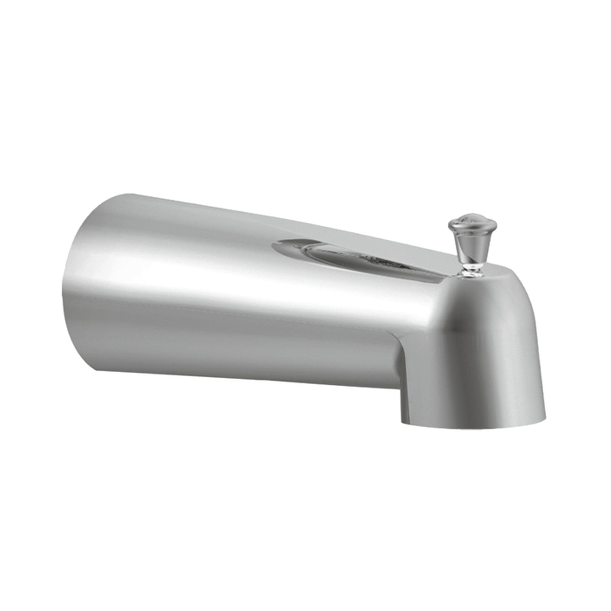 Chrome tub spout with diverter lever and curved design for wall mount installation.
