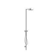 Chrome showerpipe with overhead showerhead, handheld wand, and control bar mounted on vertical pipe.