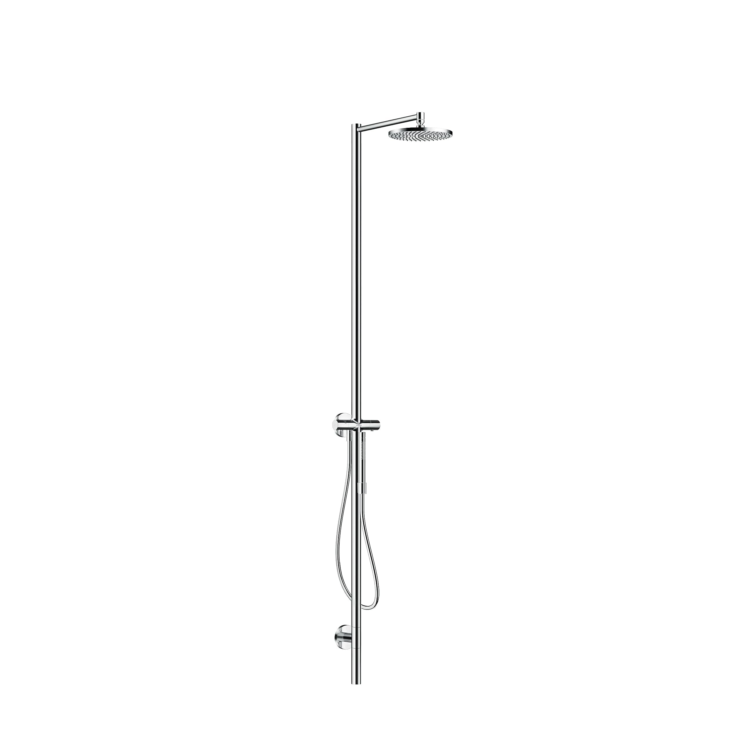 Chrome shower column system with overhead rain showerhead, handheld shower, and control valve mounted on vertical pipe.