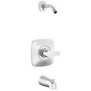 Chrome tub and shower trim kit with rounded square escutcheon, single lever handle, and curved spout.