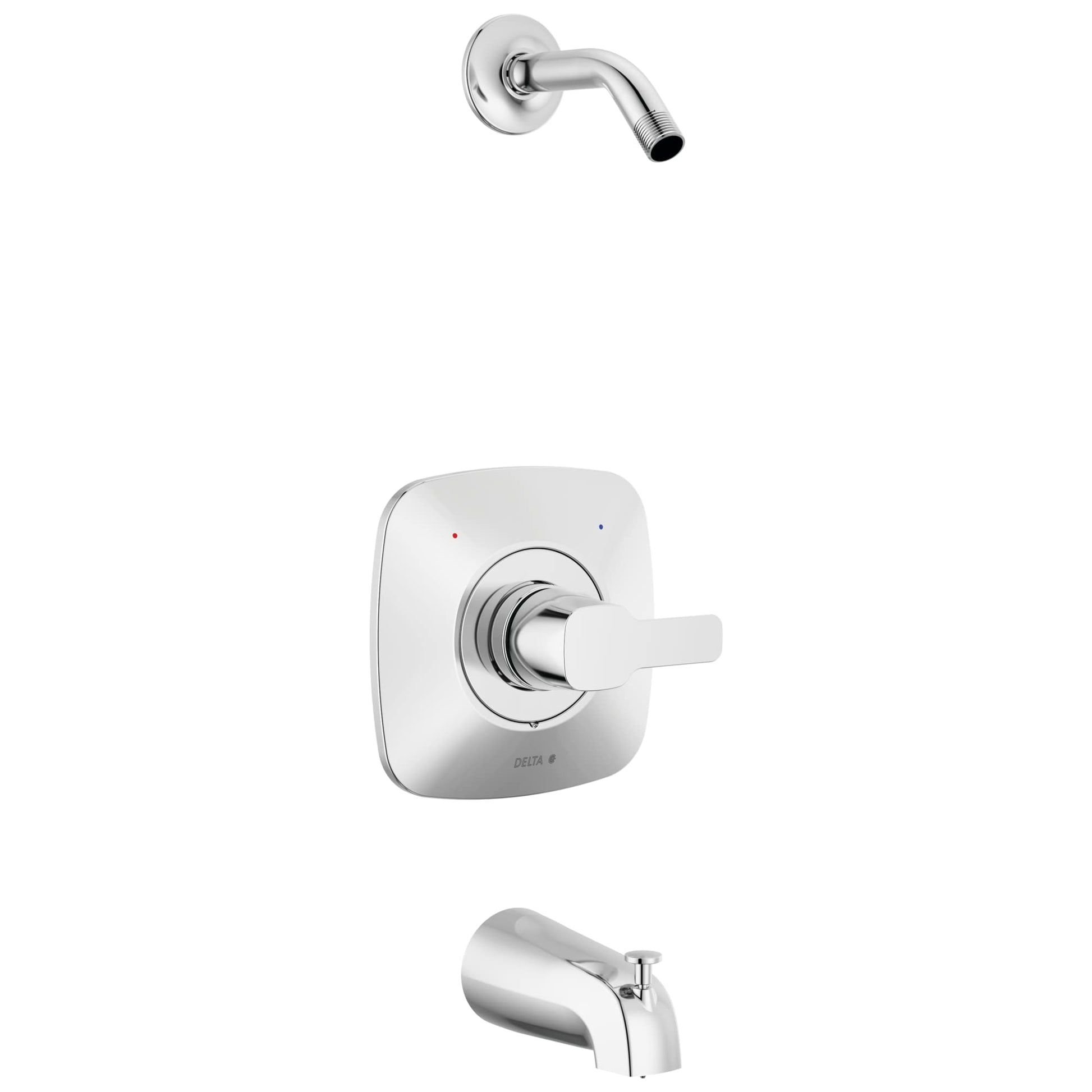 Chrome tub and shower trim kit with rounded square escutcheon, single lever handle, and curved spout.