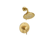 Grohe Essence brushed gold shower valve and showerhead with circular trim plate and single lever handle.