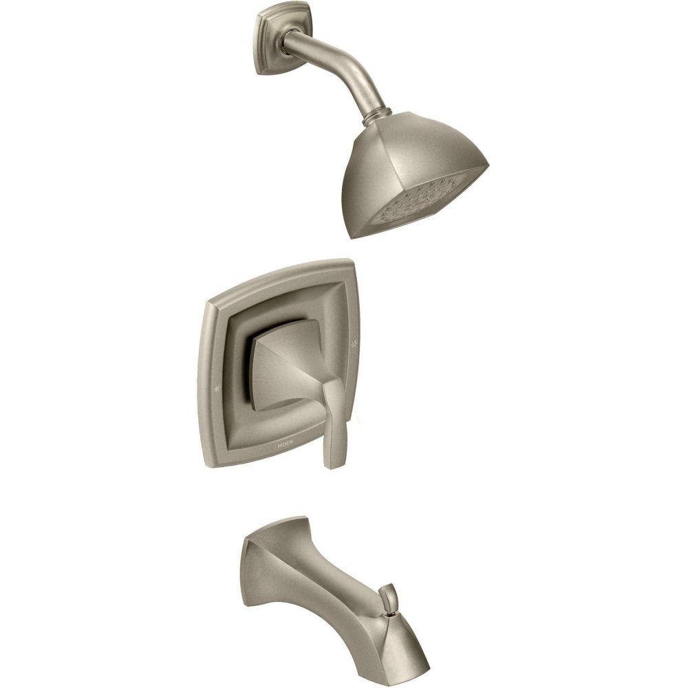 Brushed nickel tub and shower trim with rounded showerhead, wall-mounted valve, and curved tub spout.