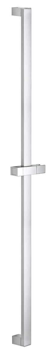 Chrome shower slide bar with square profile, mounting bracket at top, and sliding hand grip in center.