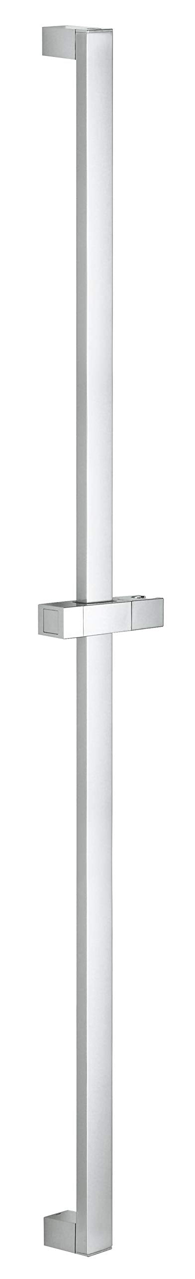 Chrome shower slide bar with square profile, mounting bracket at top, and sliding hand grip in center.