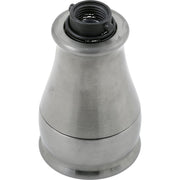 Stainless steel pull-down kitchen faucet spray assembly with threaded black connector on top and tapered cone-shaped body.