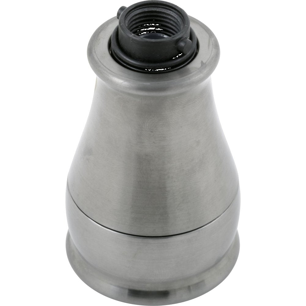 Stainless steel pull-down kitchen faucet spray assembly with threaded black connector on top and tapered cone-shaped body.