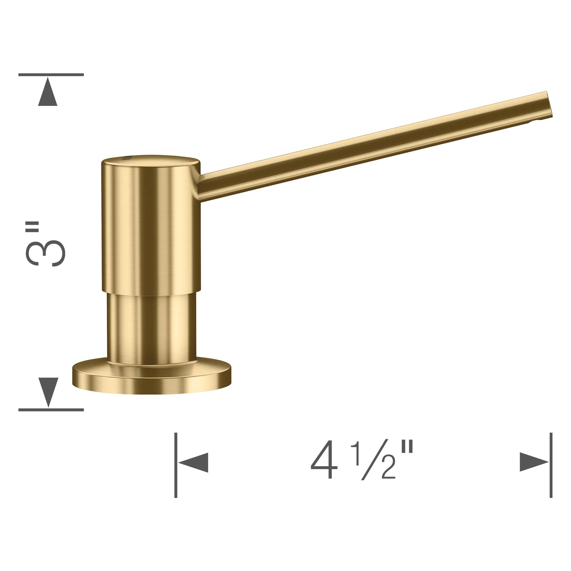 Satin gold soap dispenser with cylindrical pump and angled spout, shown with dimensions of 4.5 inches wide and 3 inches tall.