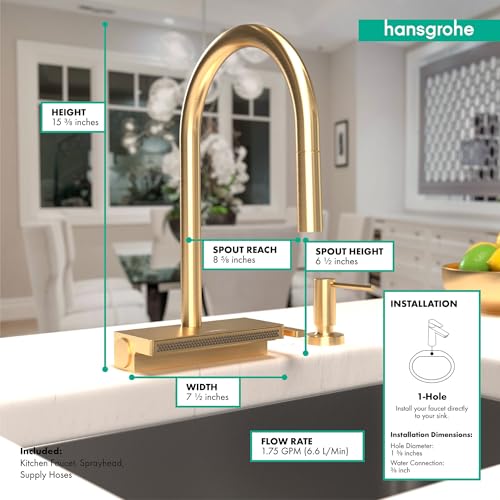 Brushed gold kitchen faucet with high arc spout, pull-down sprayer, and dimensions marked on countertop installation view.