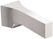 Polished nickel tub spout with curved rectangular design and integrated wall mount bracket.