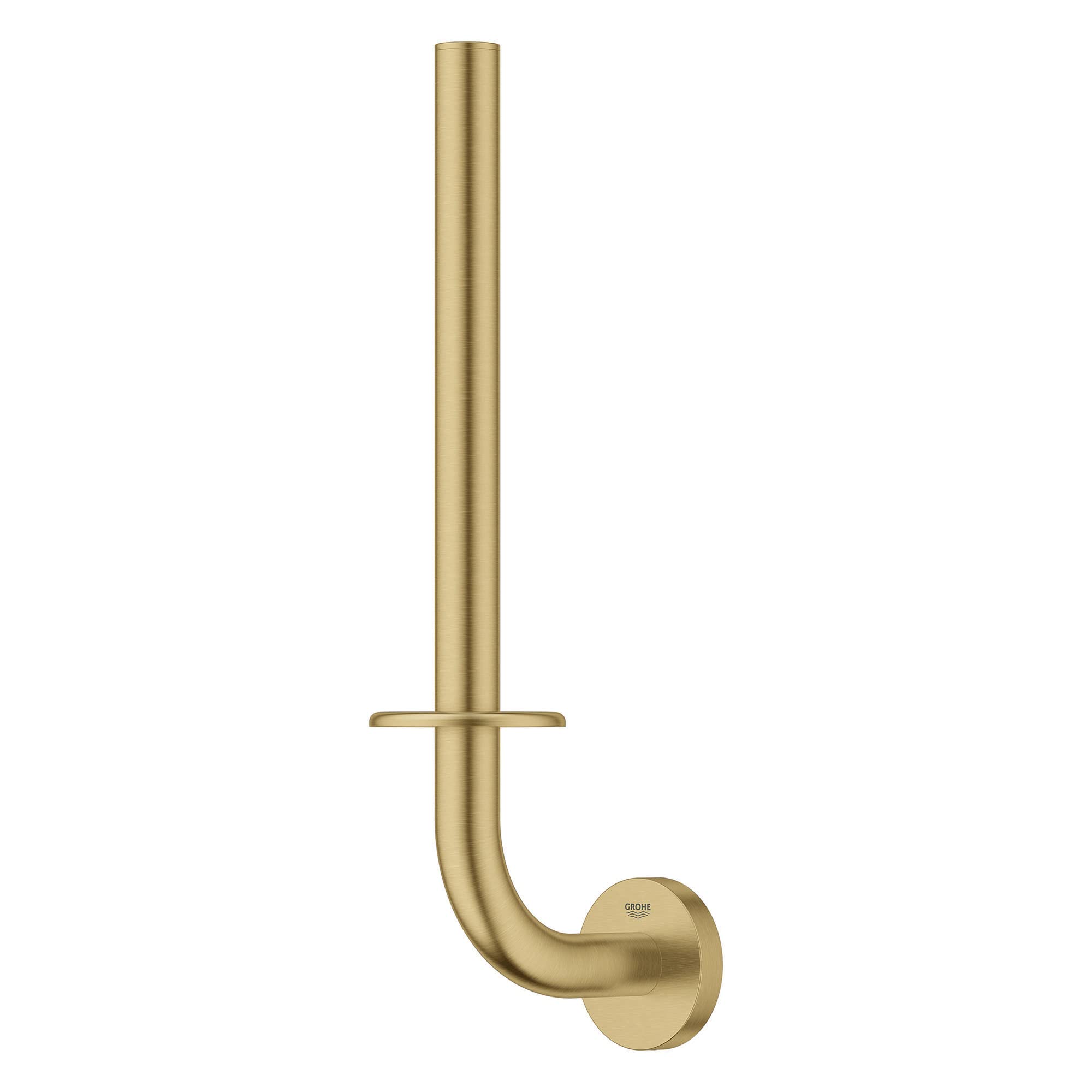 Brushed gold vertical toilet paper holder with dual roll arms and circular wall mount.