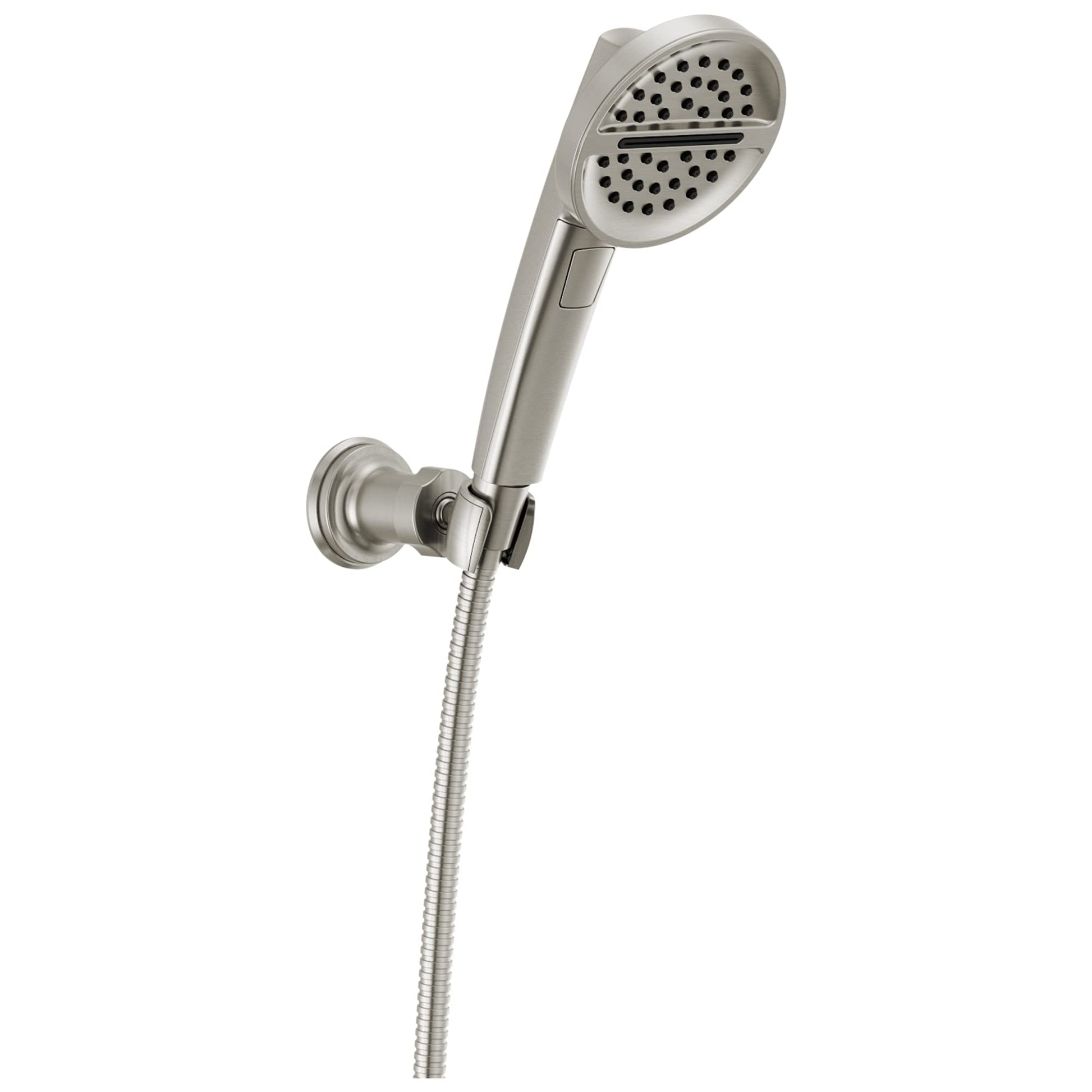 Chrome wall-mounted handshower with circular showerhead, adjustment lever, and flexible hose connection.