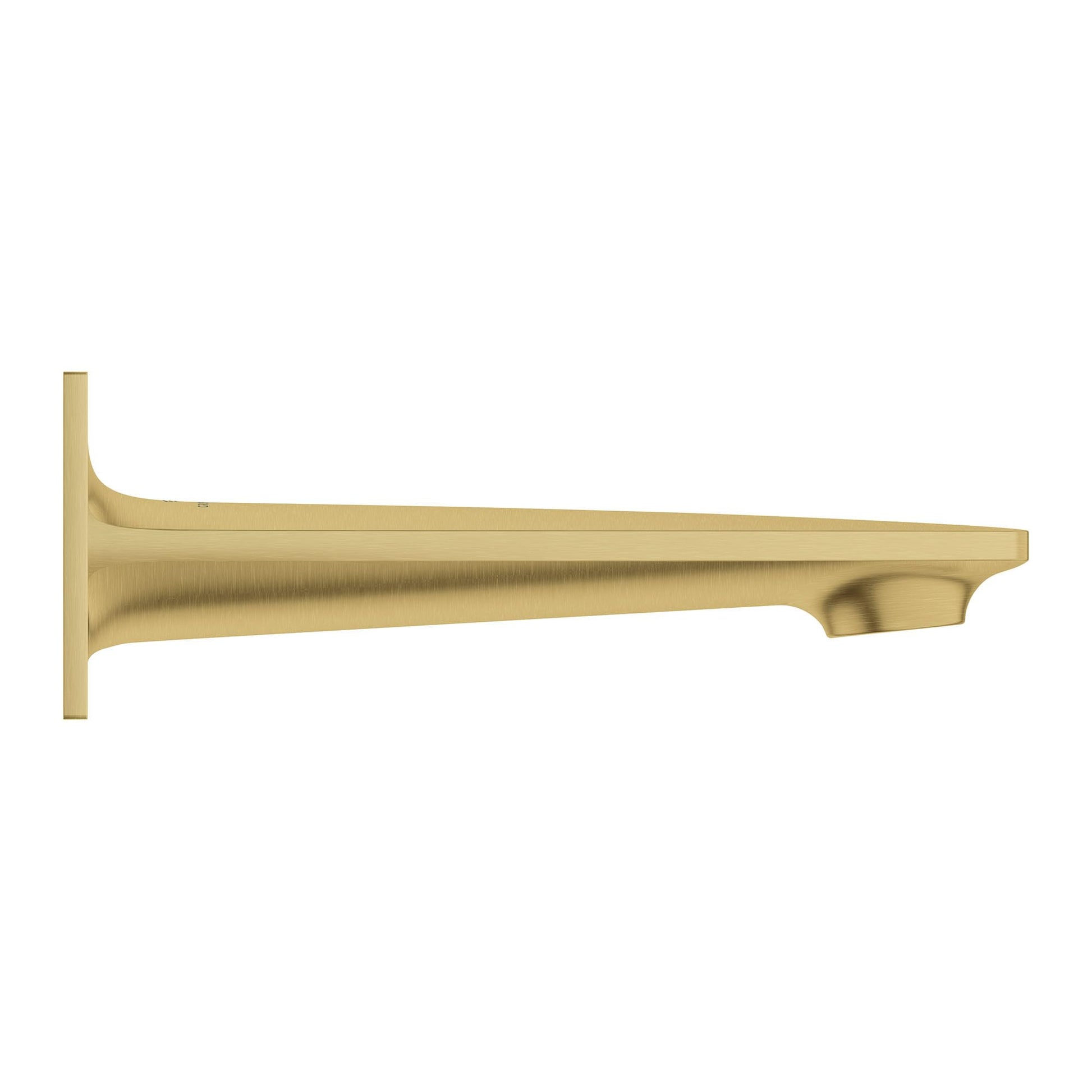 Brushed gold tub spout with curved tapered design and wall-mounted flange.