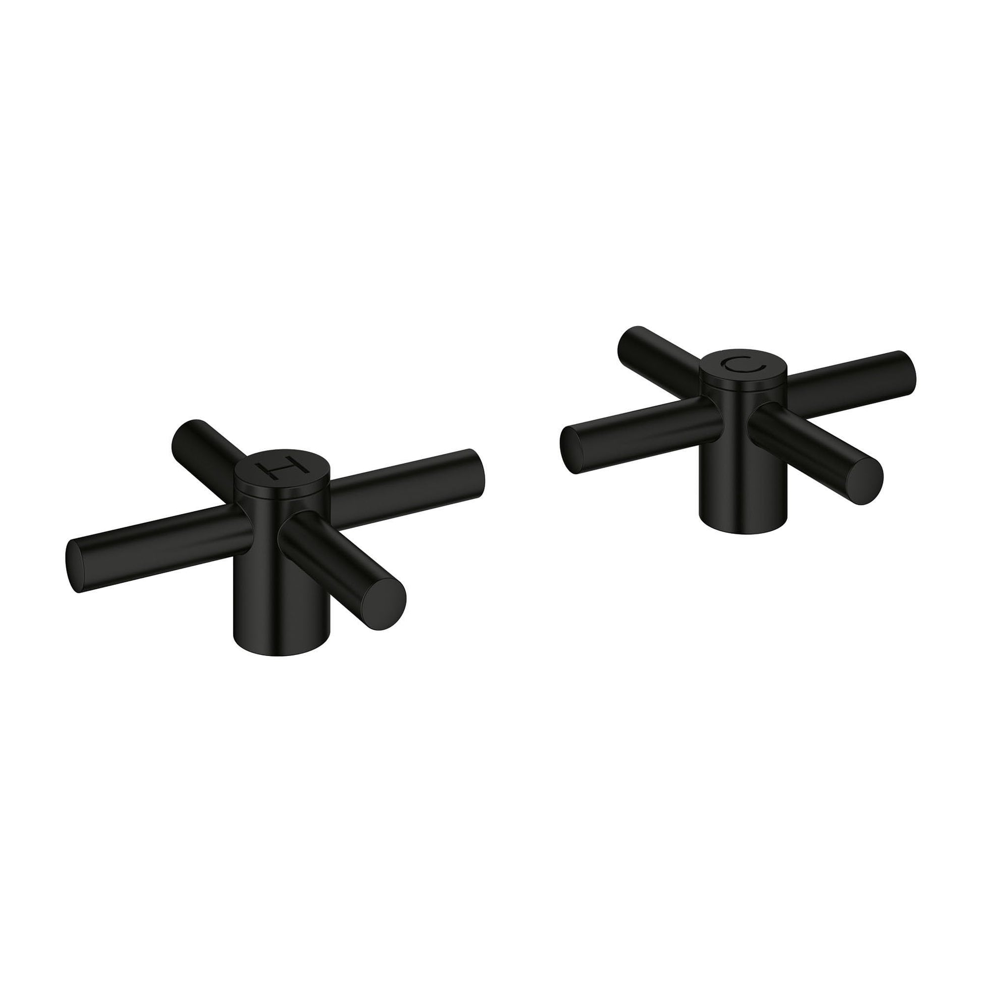 Pair of matte black cross handles with cylindrical stems and perpendicular lever arms.
