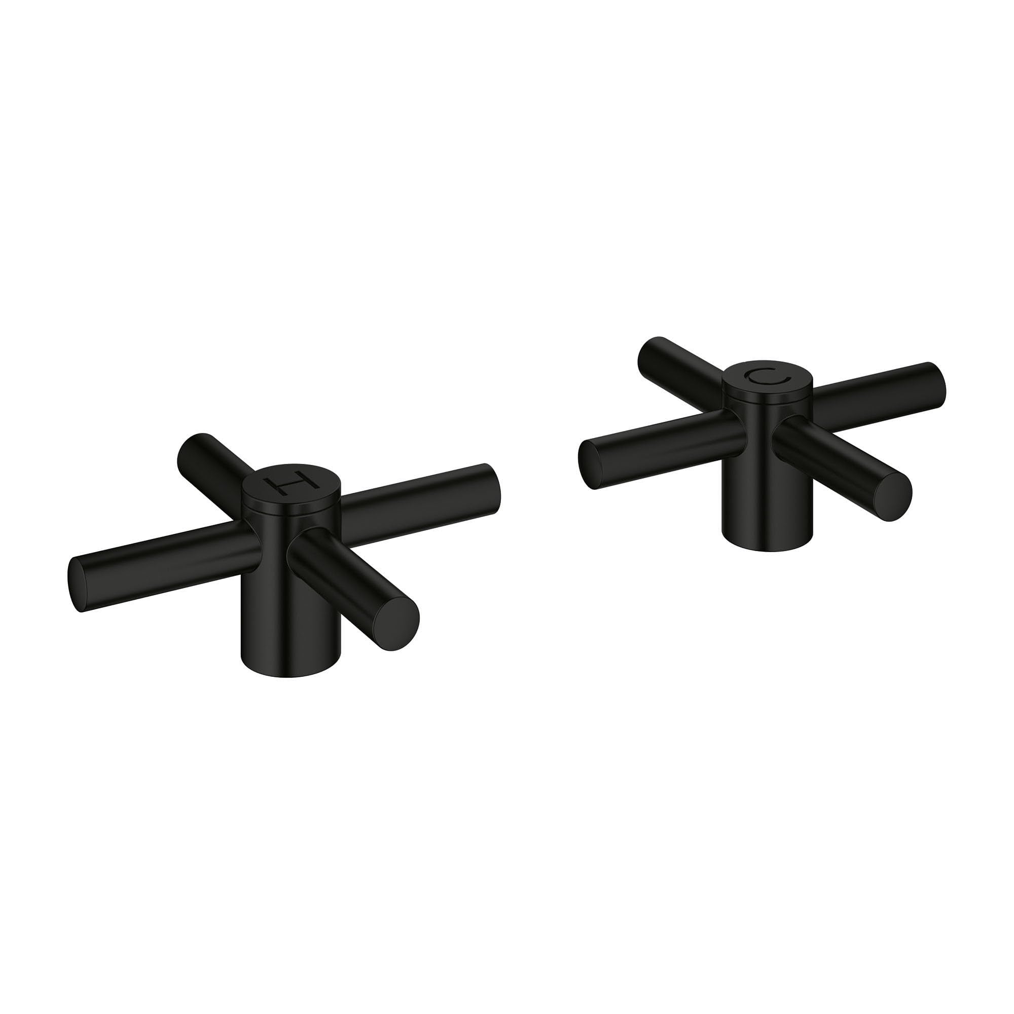 Pair of matte black cross handles with cylindrical stems and perpendicular lever arms.