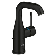 Matte black single-handle bathroom faucet with curved spout and cylindrical handle.