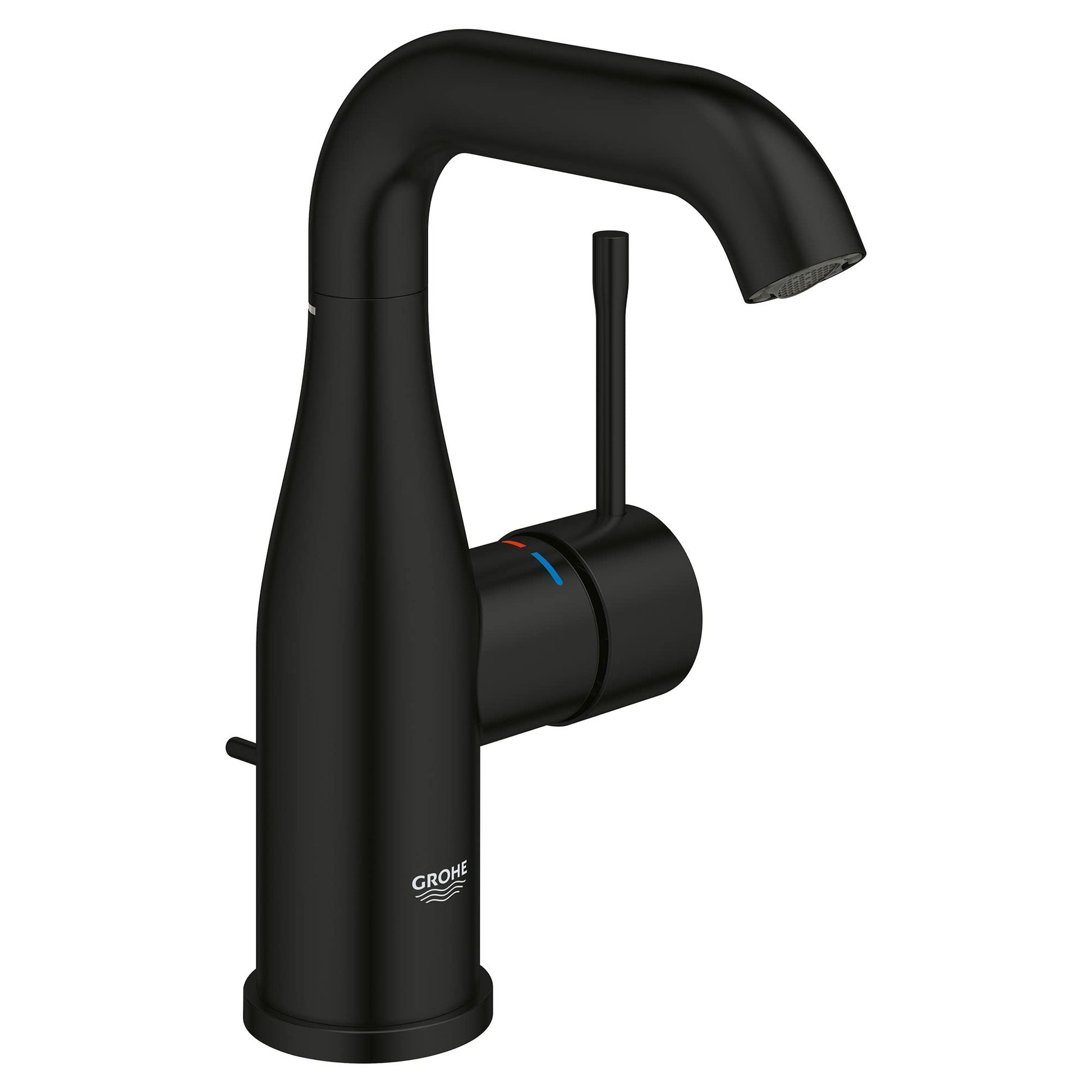 Matte black single-handle bathroom faucet with curved spout and cylindrical handle.