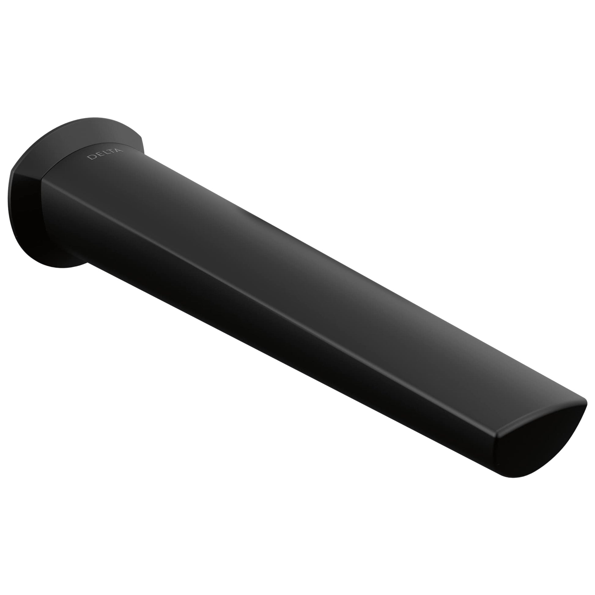 Matte black wall-mounted faucet spout with cylindrical body and rectangular outlet.