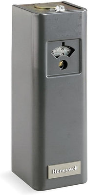 Gray rectangular Honeywell aquastat with gauge dial, adjustment knob, and brass port connection on top.