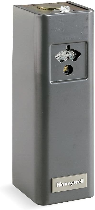 Gray rectangular Honeywell aquastat with gauge dial, adjustment knob, and brass port connection on top.