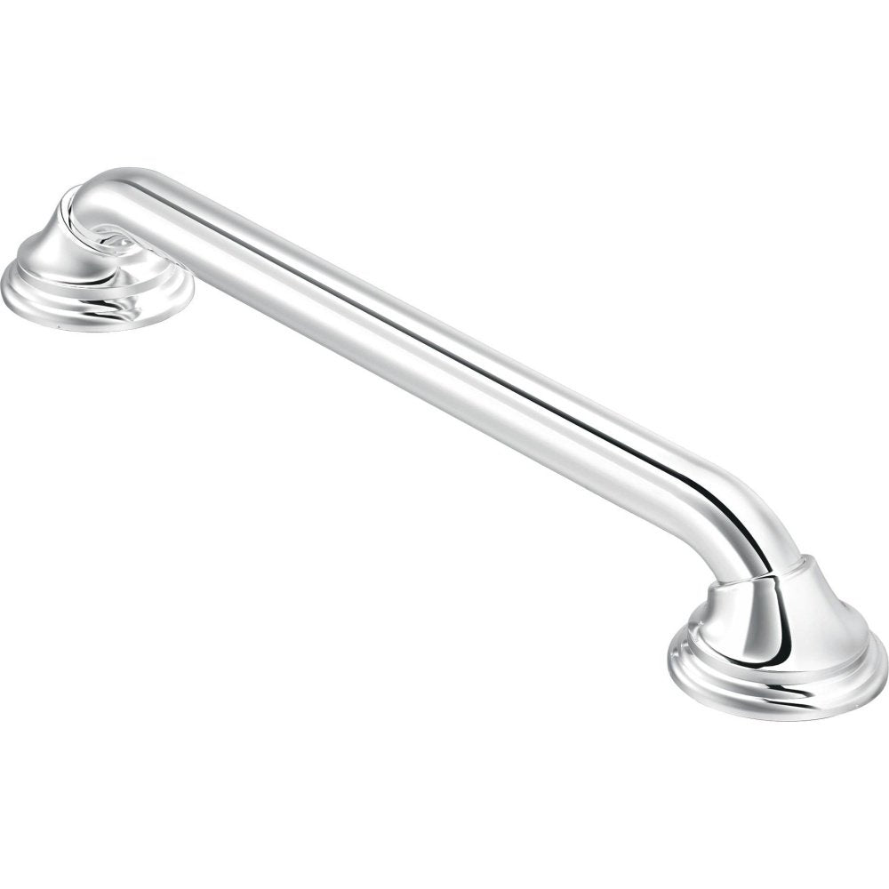 Chrome grab bar with rounded flange ends and curved tubular grip extending horizontally.