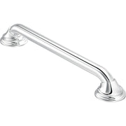 Chrome grab bar with rounded flange ends and curved tubular grip extending horizontally.