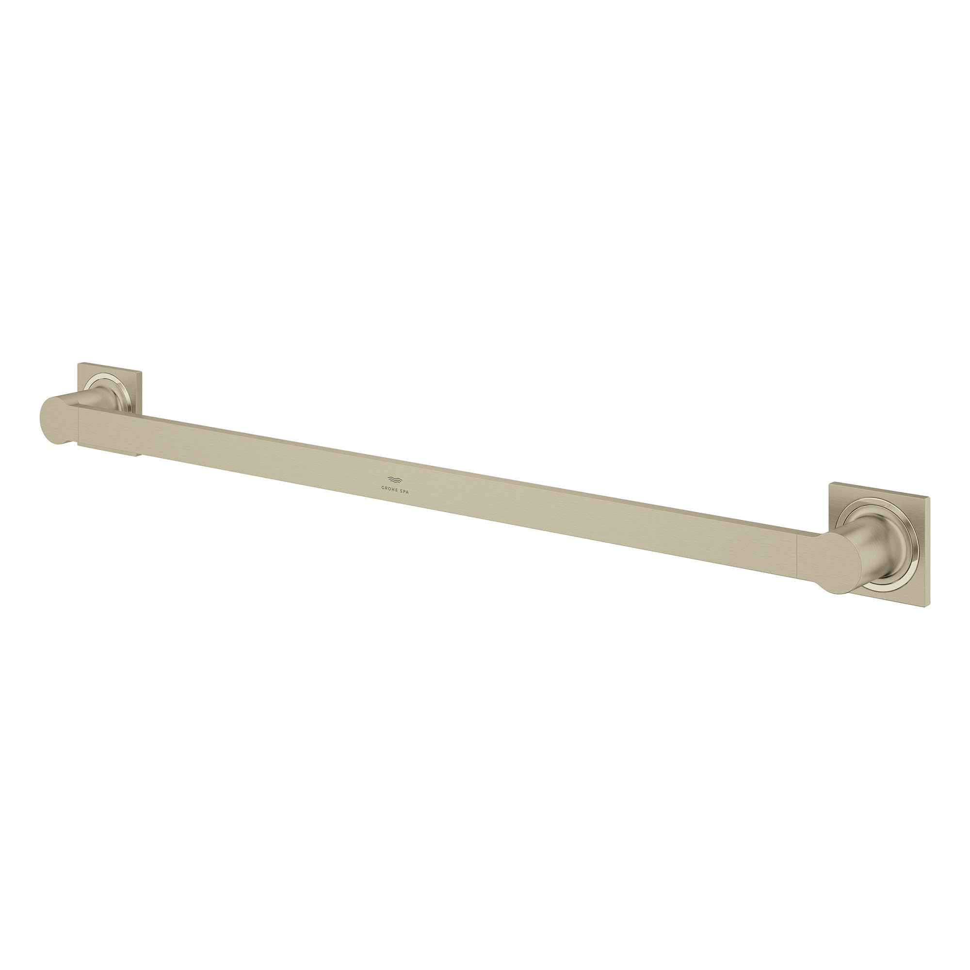 Brushed nickel towel bar with square wall-mounted brackets on each end.