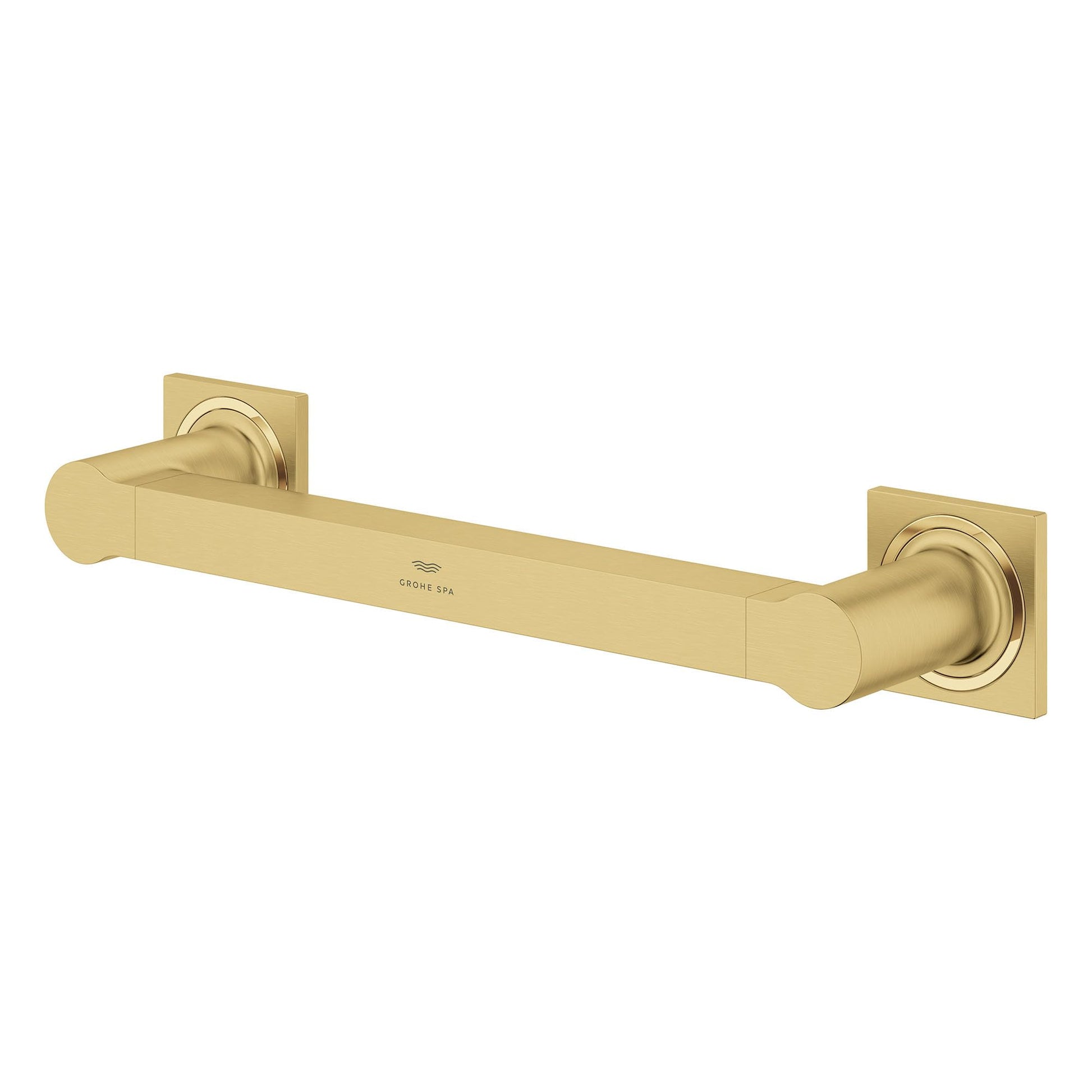 Brushed gold 12-inch grab bar with square mounting plates and circular trim rings on each end.