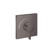 Brushed black chrome square pressure balance valve trim with round handle and temperature control markings.