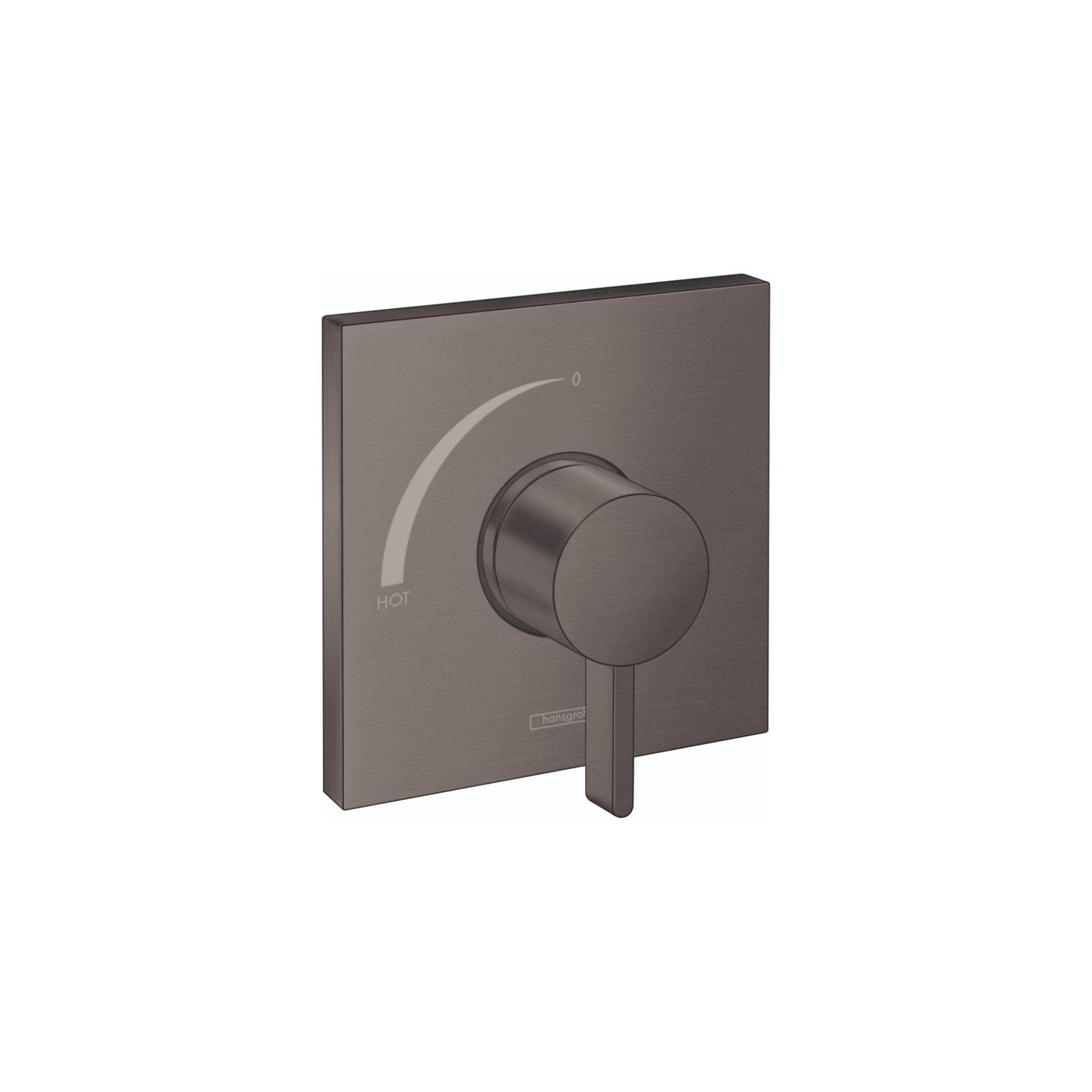 Brushed black chrome square pressure balance valve trim with round handle and temperature control markings.