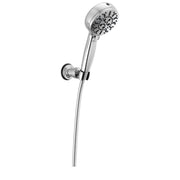 Chrome wall-mounted hand shower with multiple spray holes and flexible hose connection.